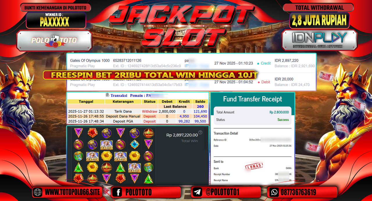 POLOTOTO JACKPOT SLOT GATES OF OLYMPUS 1000 Rp.2.800.000,- LUNAS