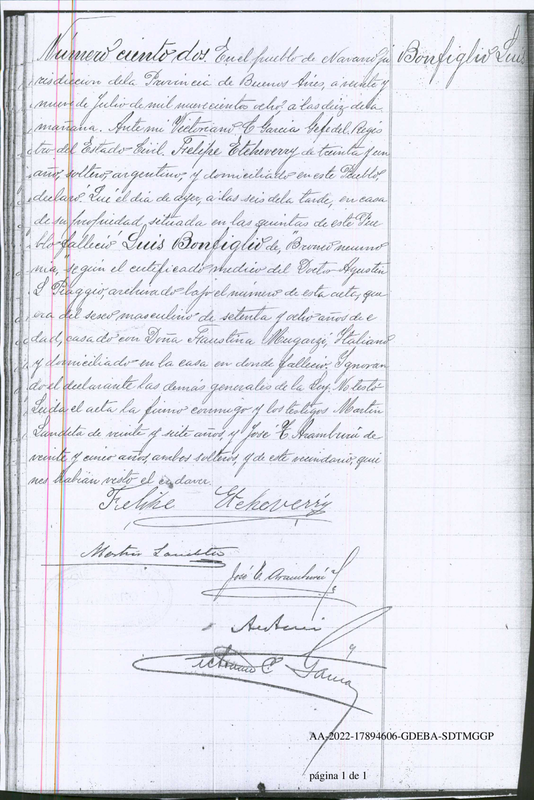 Acta de defunción Luis Bonfiglio