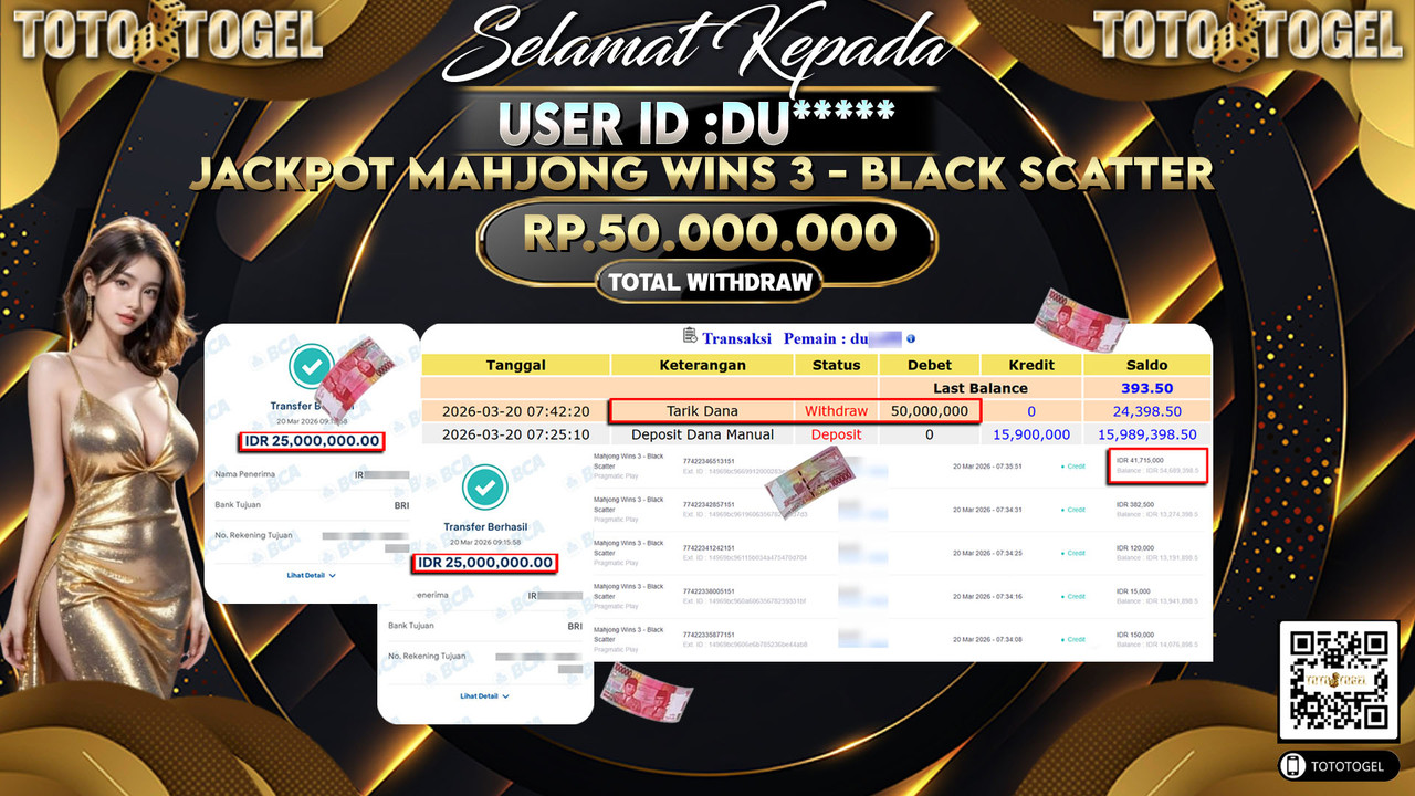 Bukti Pembayaran Jackpot Permainan Slot Mahjong Wins 3 - Black Scatter ID:DU*****LUNAS