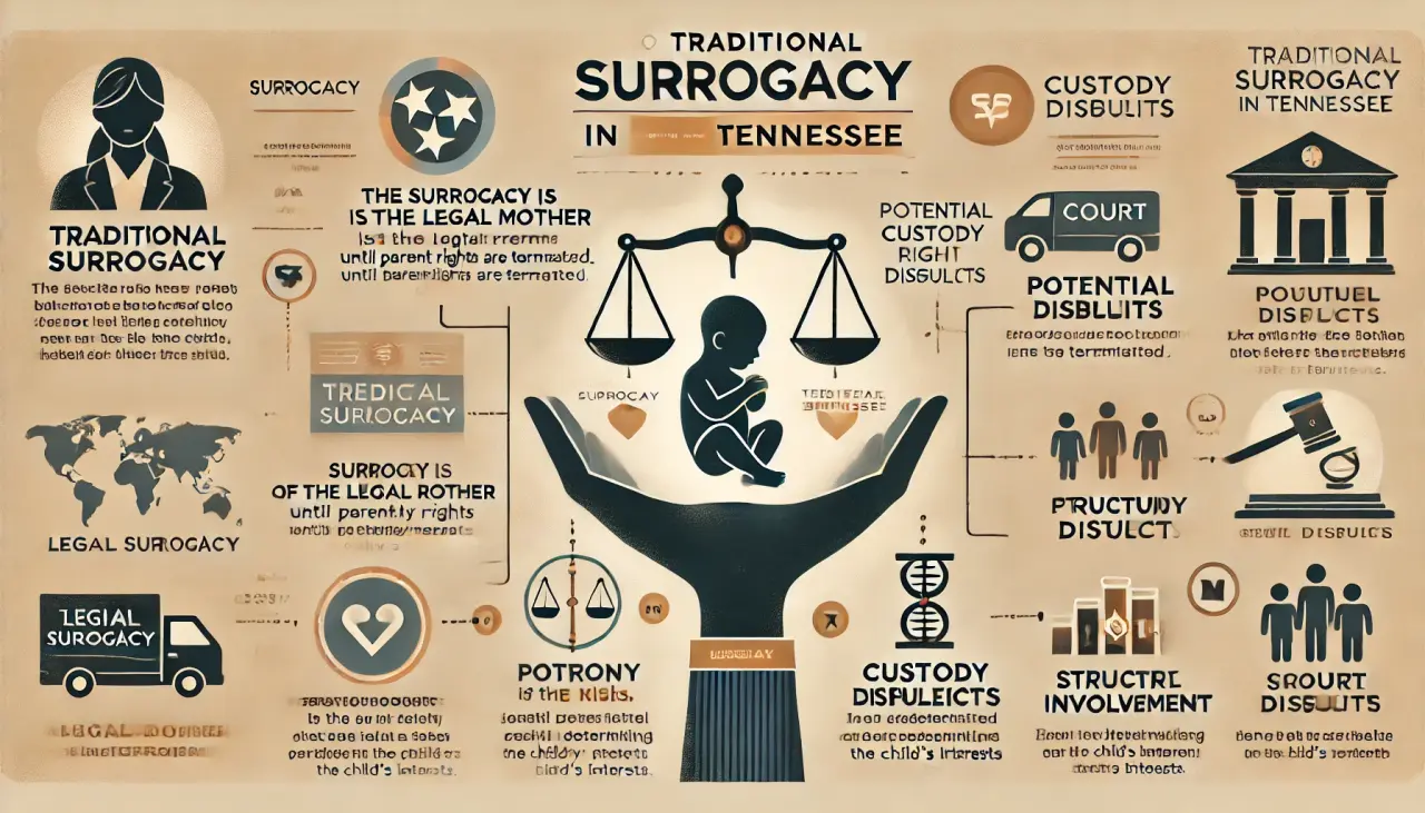 Infographic explaining the legal risks of traditional surrogacy in Tennessee, including parental rights and potential custody disputes.