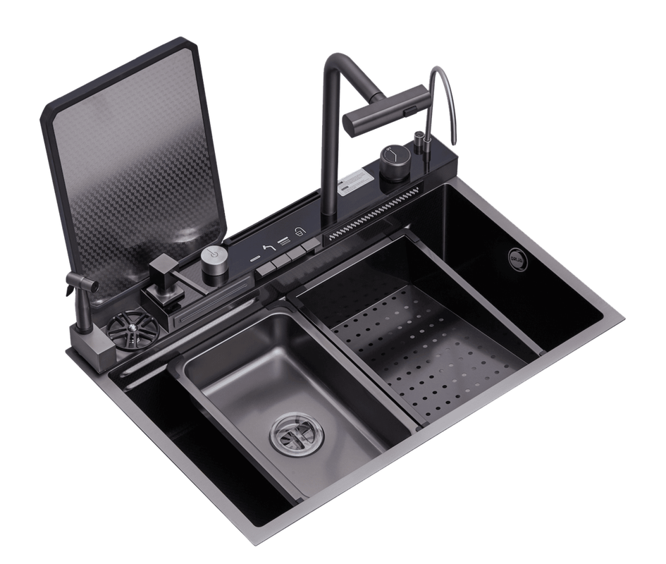 Fregadero workstation Drija Capri 76 con grifería digital y accesorios.