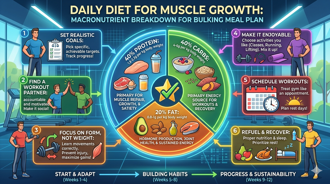 Daily diet for muscle growth macronutrient breakdown showing protein carbs and fat ratios for bulking meal plan