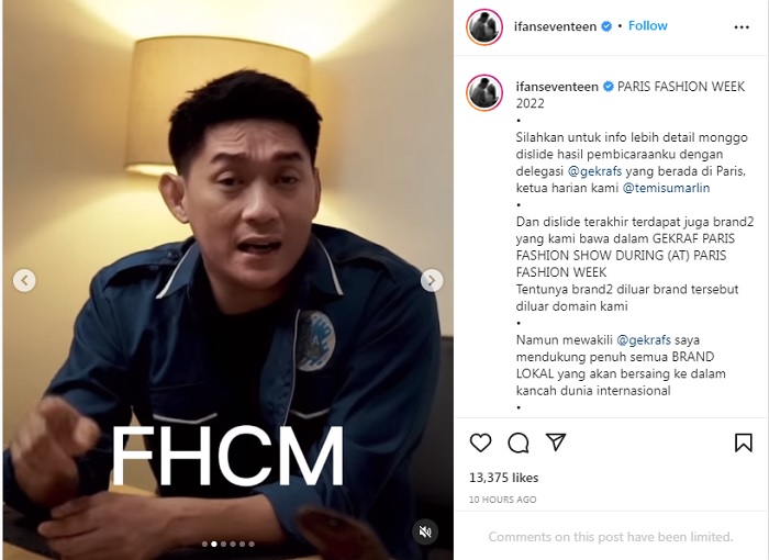 Ifan Seventeen, selaku Ketua Bakominfo Gekrafs, memberikan penjelasan terkait brand asal Indonesia yang mengkalim tampil di Paris Fashion Week 2022.