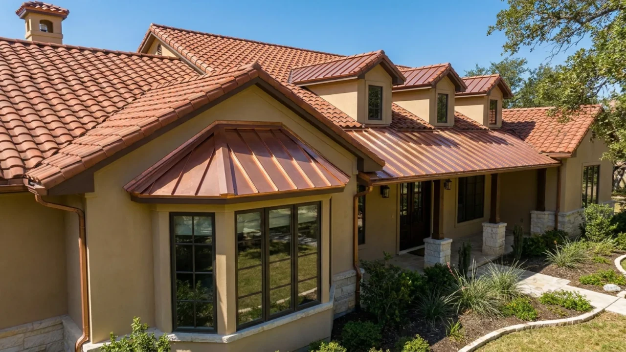 San Antonio home with copper accent roofing on bay window and dormer structures paired with tile on the main roof showing a partial copper strategy