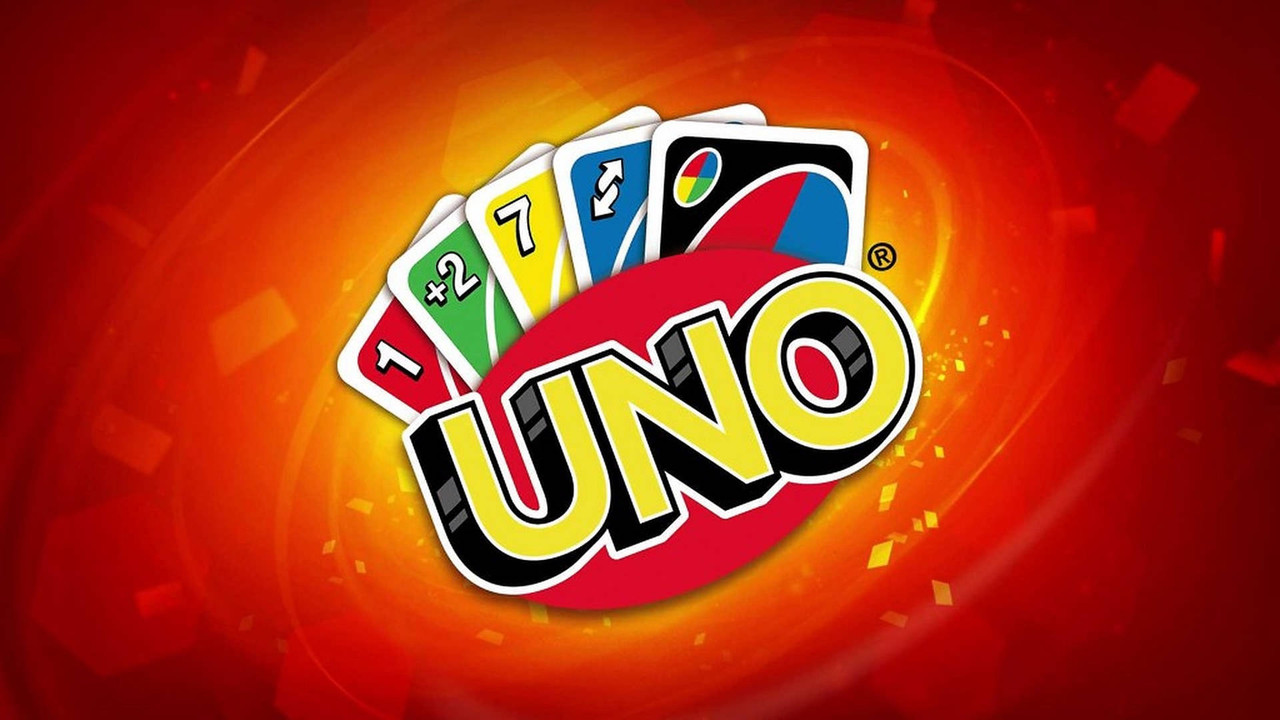 A splash screen for the digital version of the classic UNO card game displays five cards behind the UNO logo with a flashy red background. The cards are a Red 1, Green +2, Yellow 7, Blue reverse, and Draw 4.