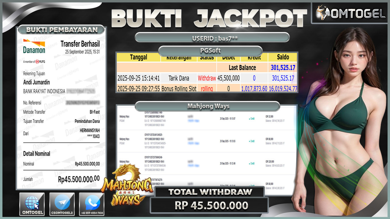 OMTOGEL JACKPOT PGSOFT MAHJONG WAYS 45 JUTA DI BAYAR LUNAS ,-