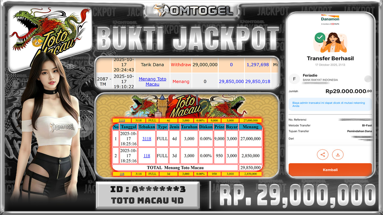 OMTOGEL JACKPOT TOTO MACAU 4D 3D 29 JUTA DI BAYAR LUNAS ,-