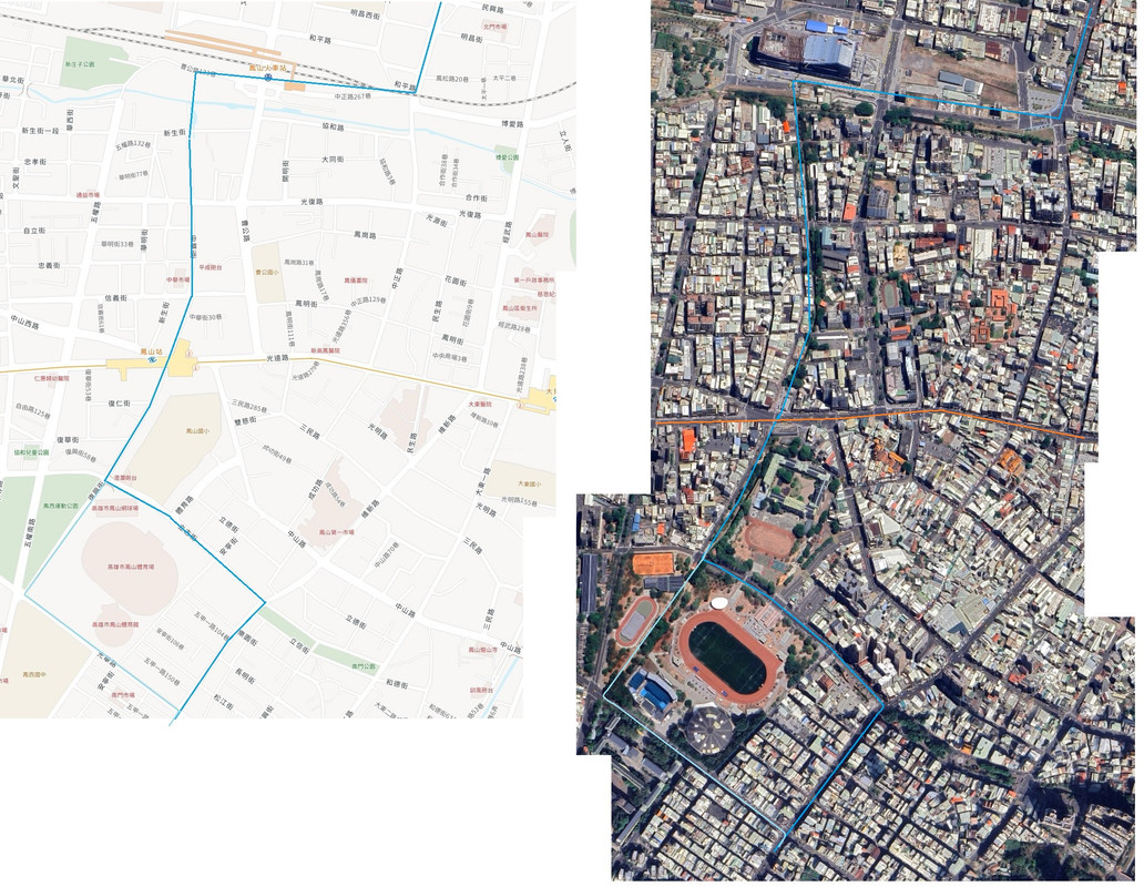 鳳山車站附近街道衛星雙圖