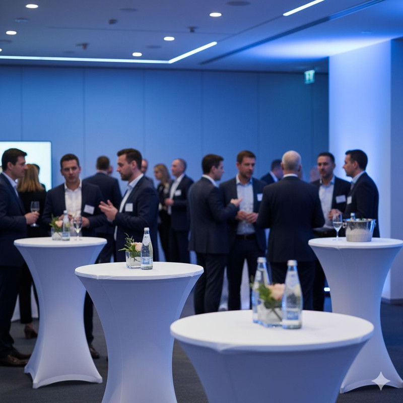 Высокие коктейльные столы в чехлах стрейч на корпоративном мероприятии с подсветкой