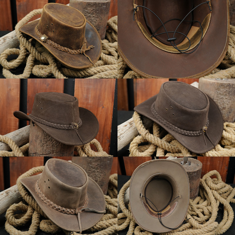 crazy horse bush leather cowboy hats in tan brown dark brown and beige brown in lifestyle setting highlighting texture and craftsmanship