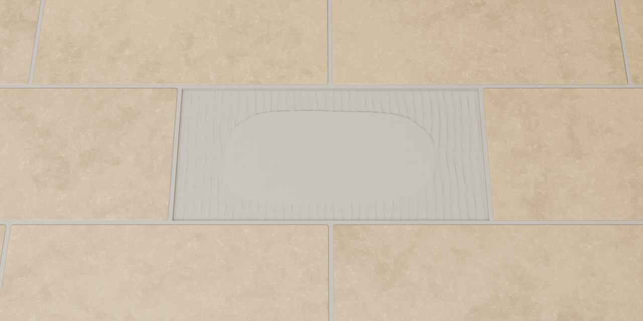 Close-up of grout and exposed adhesive beneath missing tiles
