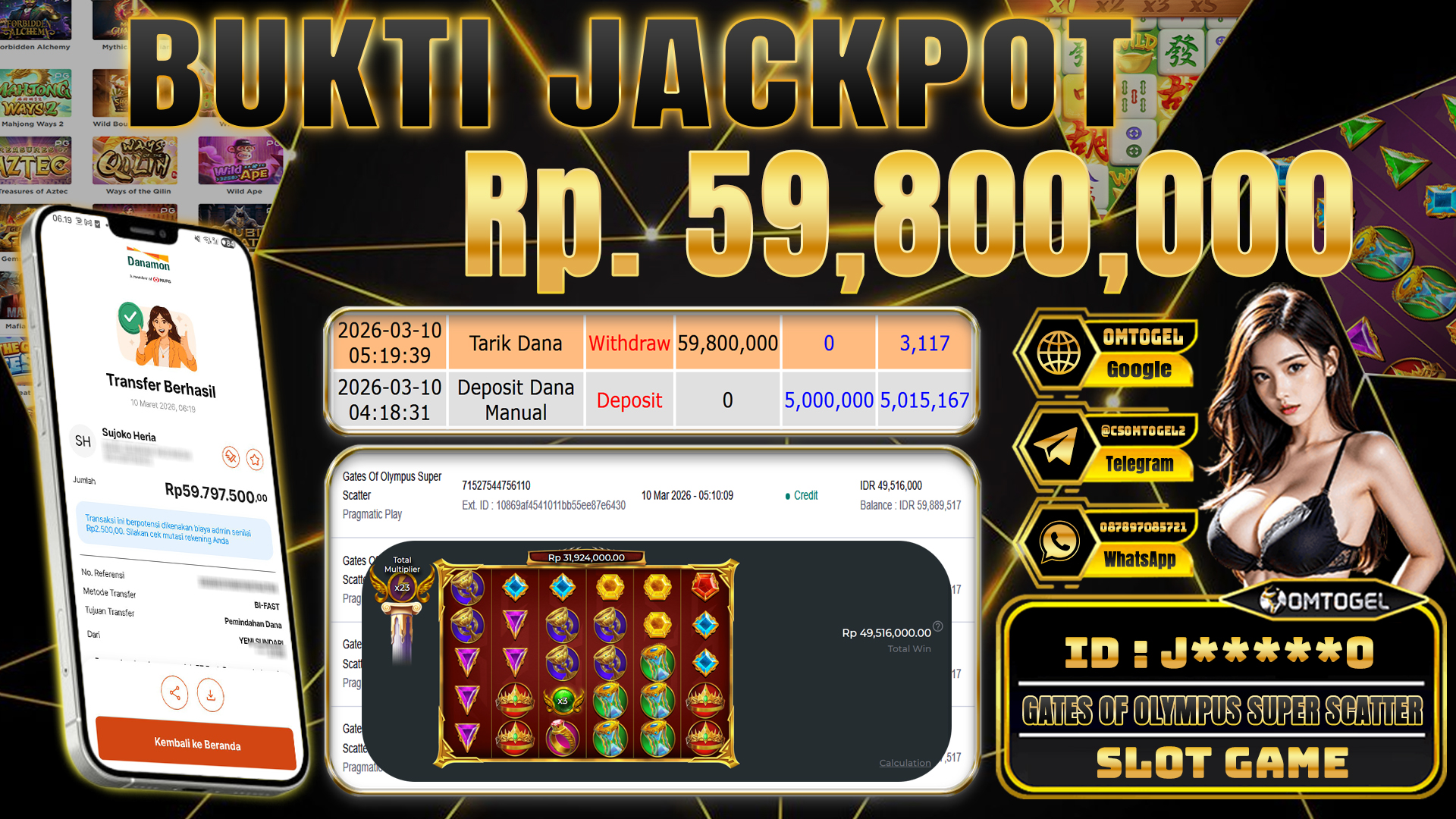 OMTOGEL JACKPOT PRAGMATIC PLAY GATES OF OLYMPUS SUPER SCATTER, 59 JUTA DI BAYAR LUNAS ,-