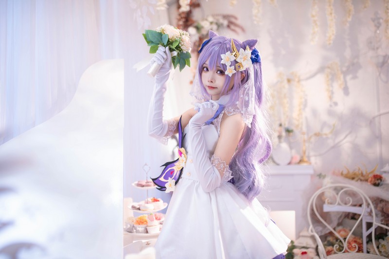 艾西Aiwest 刻晴花嫁Cosplay写真图集 原神刻晴婚纱高清图集 40P (223.2M)插图2
