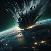 DALL·E 2023-10-25 13.32.01 - A massive meteor strikes the earth, its impact resonating with raw, unt