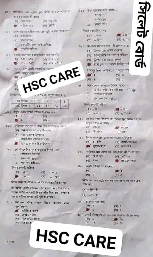 সিলেট বোর্ড এইচএসসি অর্থনীতি ১ম পত্র MCQ প্রশ্ন সমাধান ২০২৩