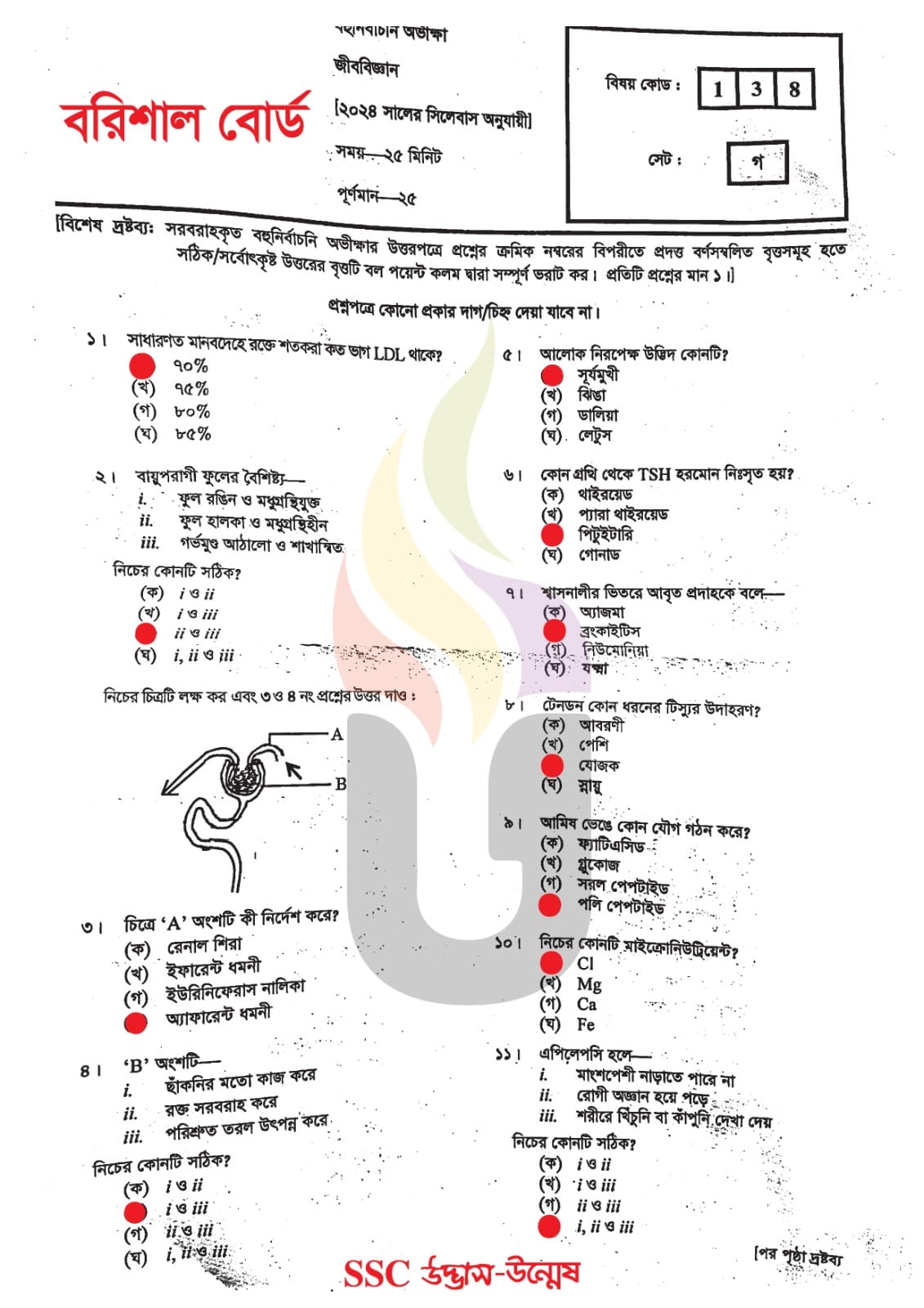 বরিশাল বোর্ড এসএসসি জীববিজ্ঞান প্রশ্ন সমাধান ২০২৪