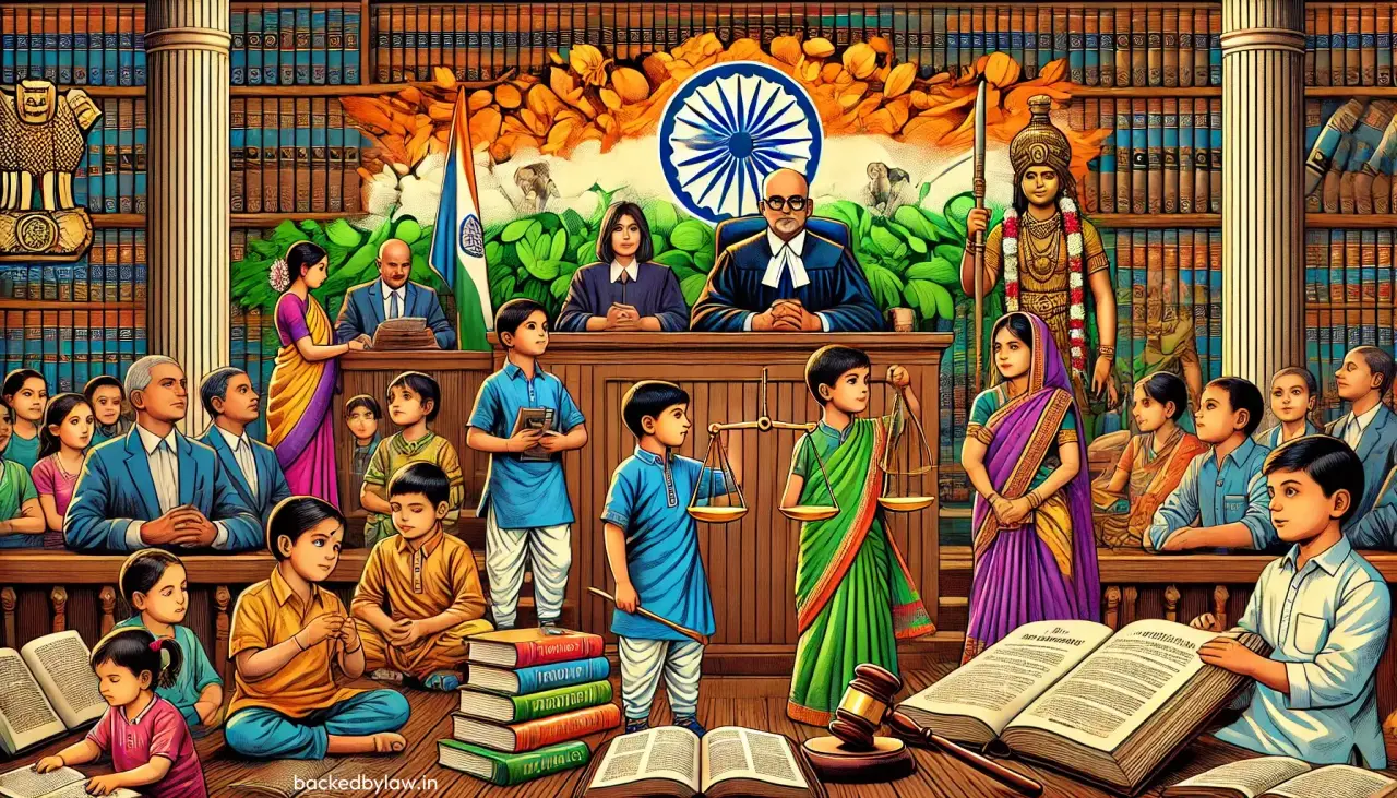 A vibrant and detailed vector illustration depicting children in a courtroom, symbolizing child protection under the Indian Constitution, IPC, and special laws. The centerpiece features a judge with legal professionals, surrounded by law books, the Indian flag, and the Ashoka Chakra. Cultural elements like Bharat Mata emphasize India's heritage. Children engage in justice-related activities, holding scales, books, and gavels, representing equality and legal awareness. This artwork beautifully integrates themes of justice, law, and Indian culture, making it ideal for topics on child rights, constitutional law, and social justice in India.