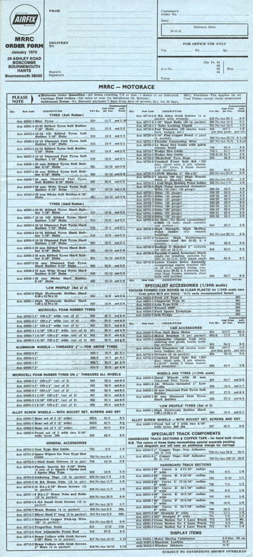 Airfix Order Form January 1970 MRRC Tyres 1