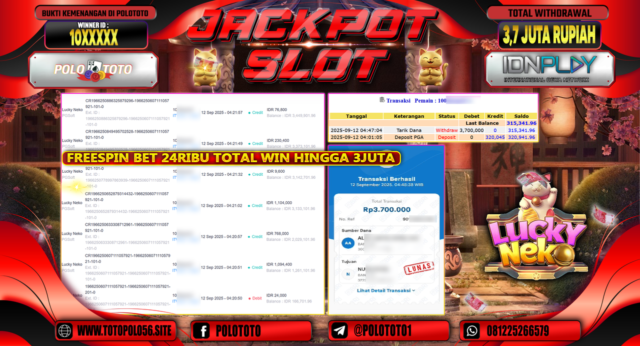 POLOTOTO JACKPOT SLOT LUCKY NEKO Rp.3.700.000,-