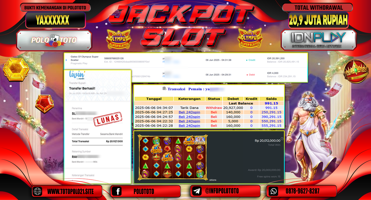 POLOTOTO JACKPOT SLOT GATES OF OLYMPUS SUPER SCATTER  Rp.20.927.000,-