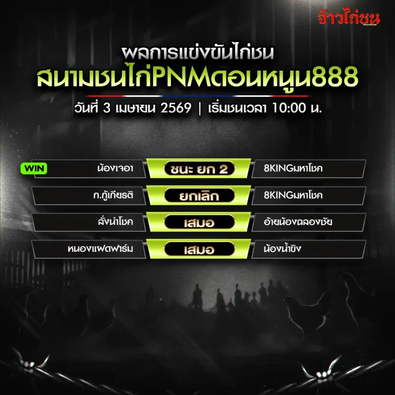 สรุปผลไก่ชนวันนี้ สนามชนไก่ PNM ดอนหนูน888(ครบยก-ไม่ครบยก) วันที่ 3 เมษายน 2026