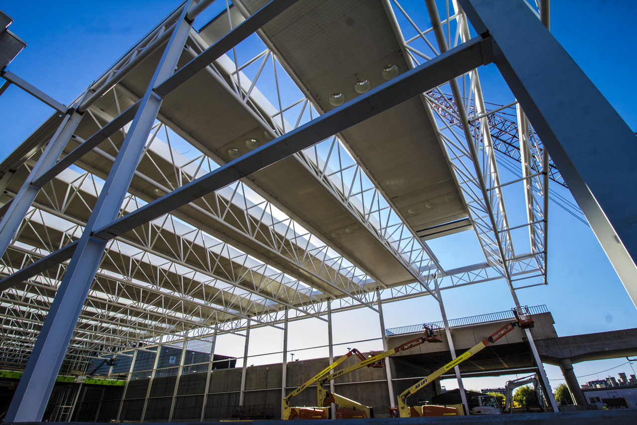 Commercial architecture photography of steel canopy construction in Chicago