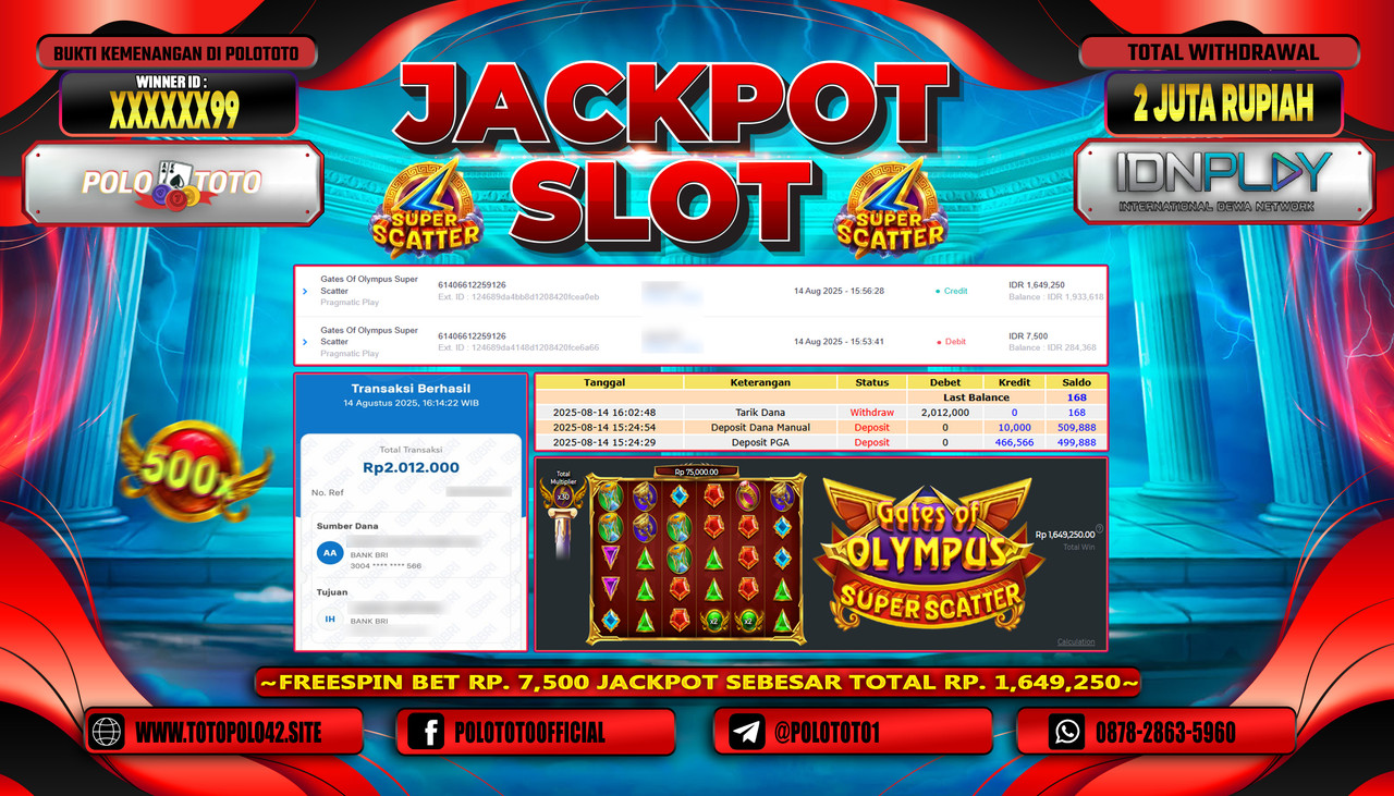 POLOTOTO JACKPOT SLOT GATES OF OLYMPUS SUPER SCATTER Rp.2.000.000,-LUNAS