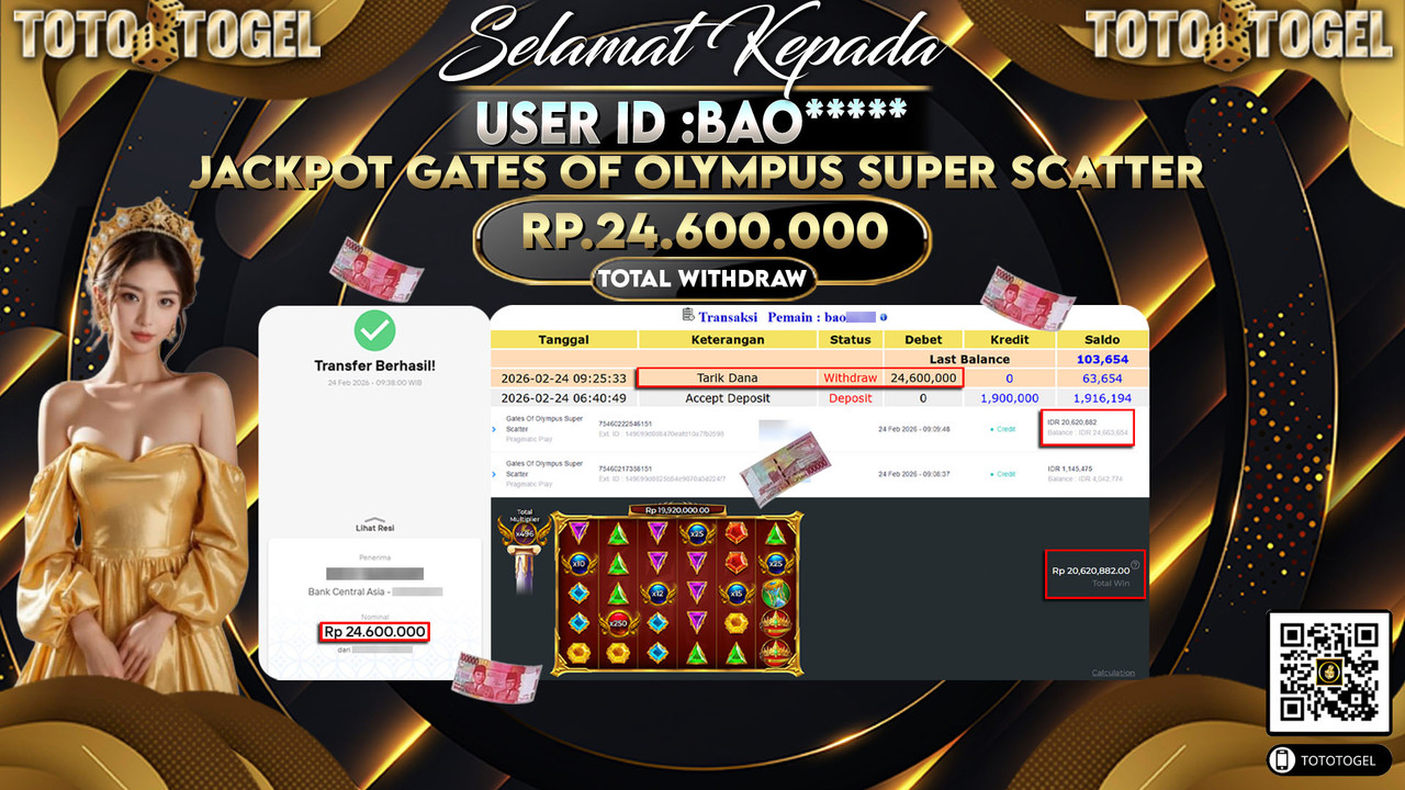 Bukti Pembayaran Jackpot Permainan Slot Gates Of Olympus Super Scatter ID:BAO*****LUNAS