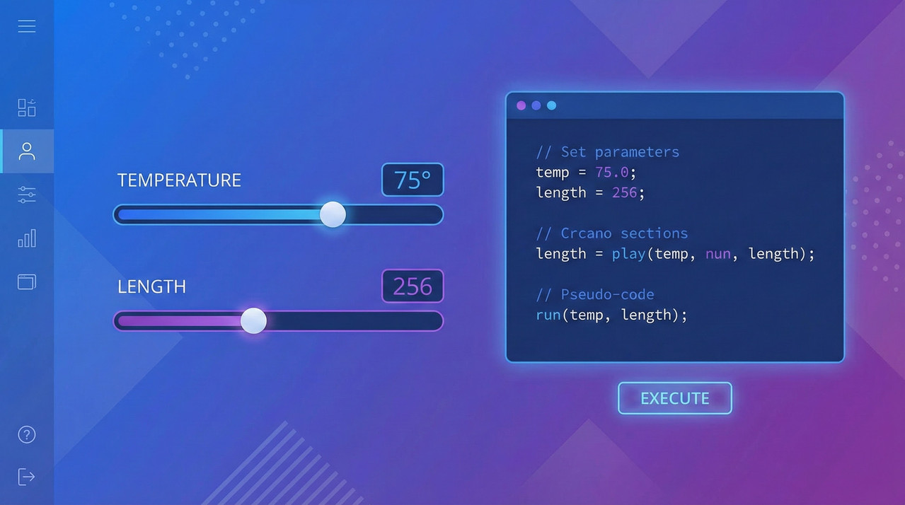 Minimalist UI of an AI playground dashboard with sliders and code blocks