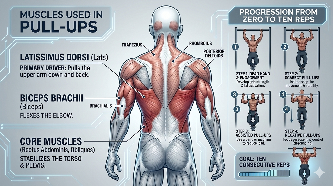 Anatomical diagram showing muscles used in pull-ups including lats, biceps, and core for how to do a perfect pull-up from zero to ten reps