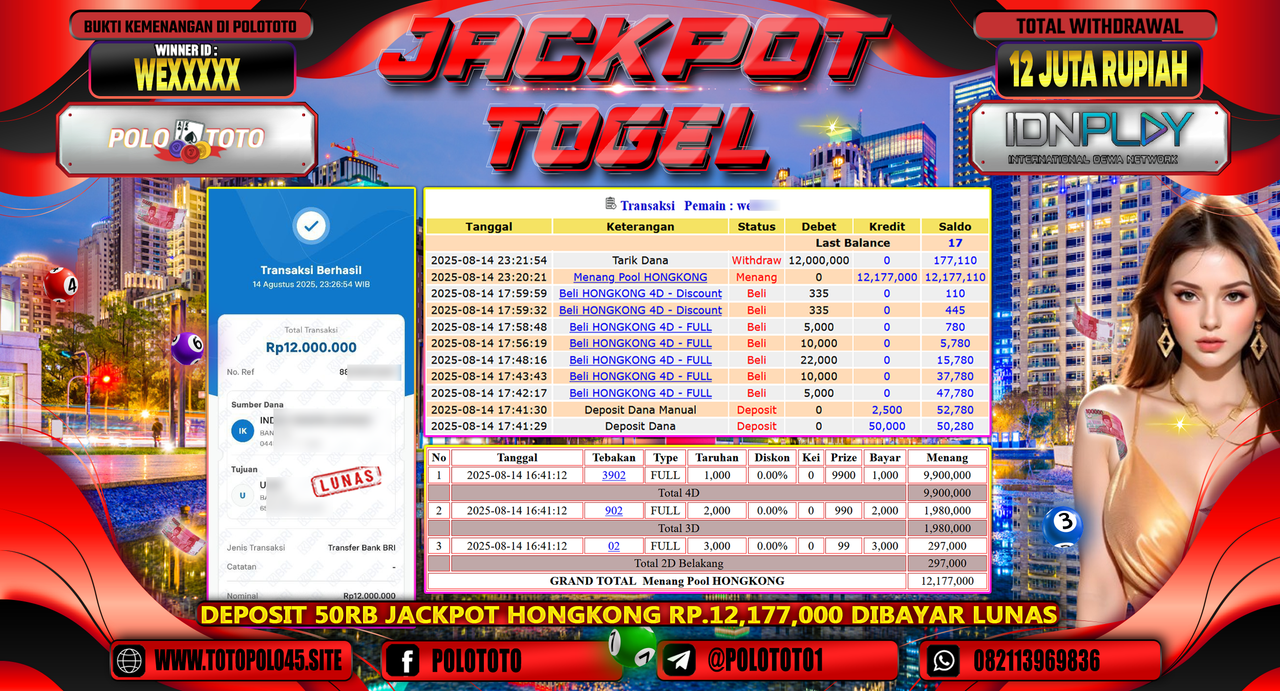 POLOTOTO JACKPOT TOGEL HONGKONG LOTTO Rp.12.000.000,-LUNAS