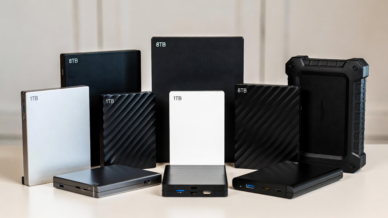 Collection of external hard drives showing different storage capacities and backup solutions