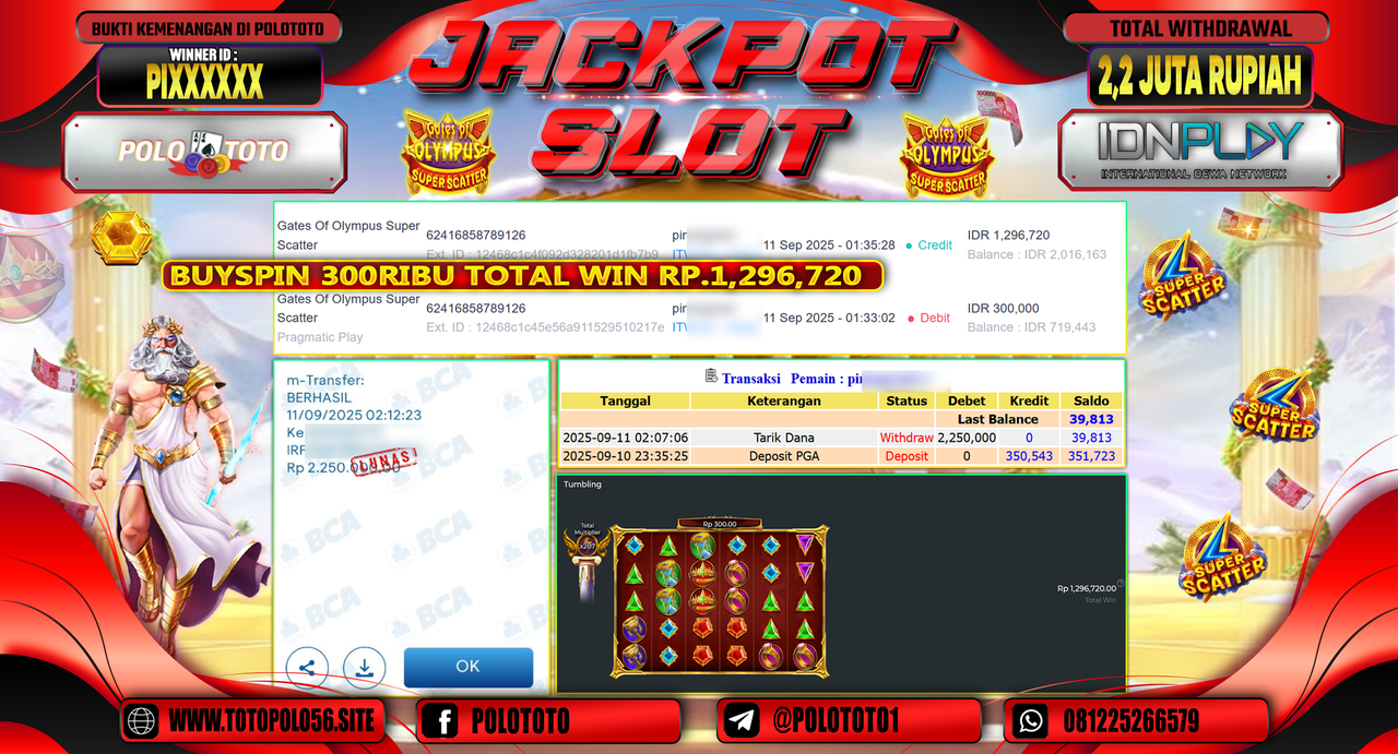 POLOTOTO JACKPOT SLOT GATES OF OLYMPUS SUPER SCATTER Rp.2.250.000,-