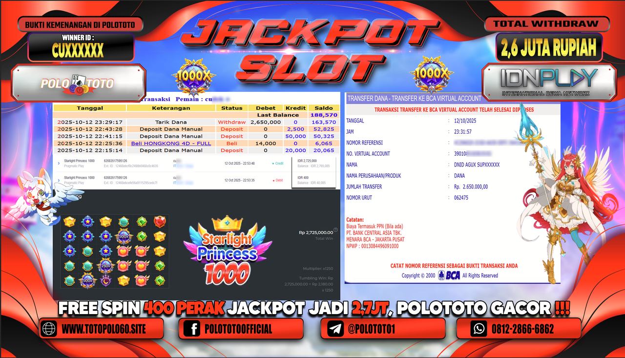 POLOTOTO JACKPOT SLOT STARLIGHT PRINCESS 1000 Rp.2.600.000,- LUNAS