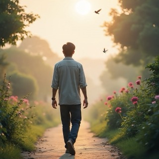 “A calm sunrise path with a single person walking, representing focus and perseverance despite low energy.”