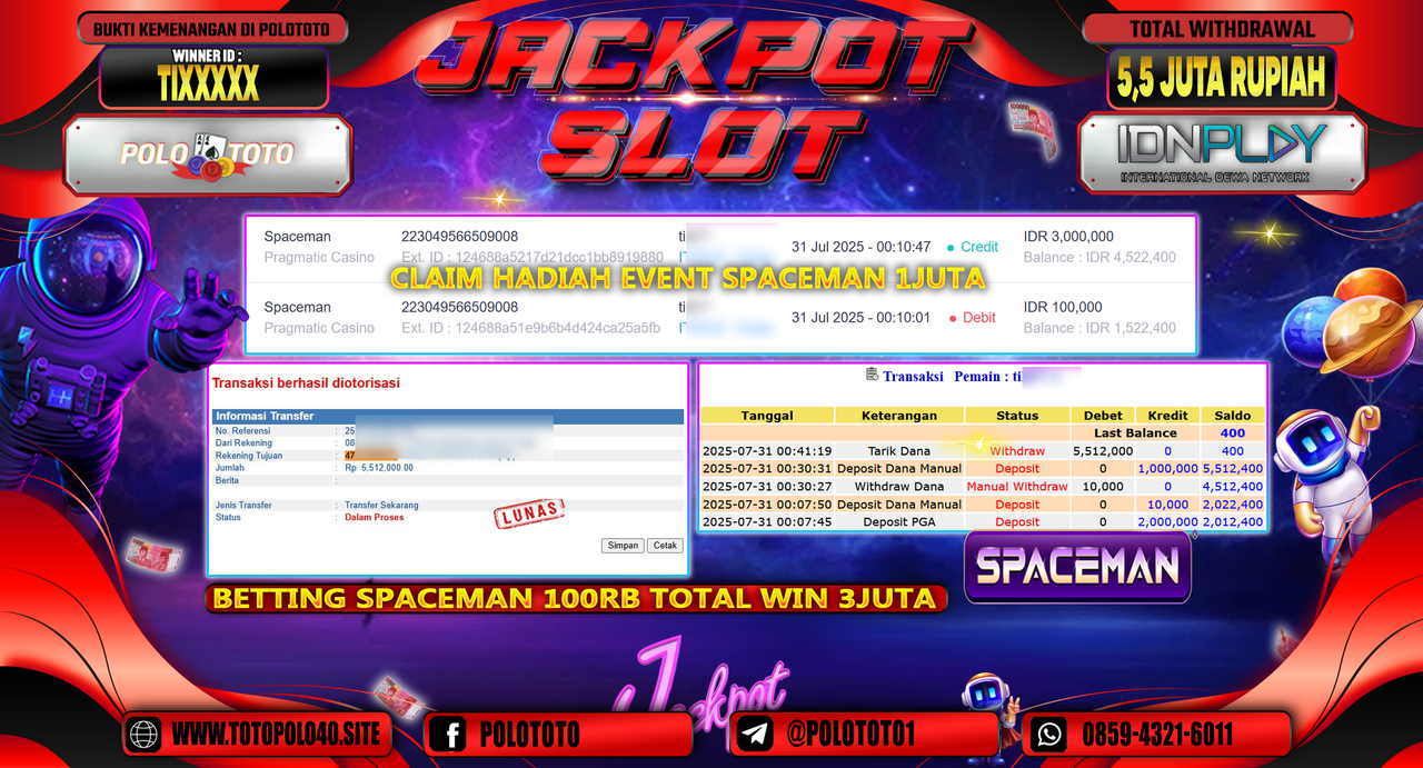 POLOTOTO JACKPOT SLOT SPACEMAN Rp.5.500.000,-LUNAS