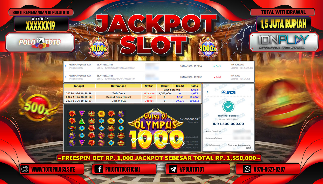 POLOTOTO JACKPOT SLOT GATES OF OLYMPUS 1000 Rp.1.500.000,- LUNAS