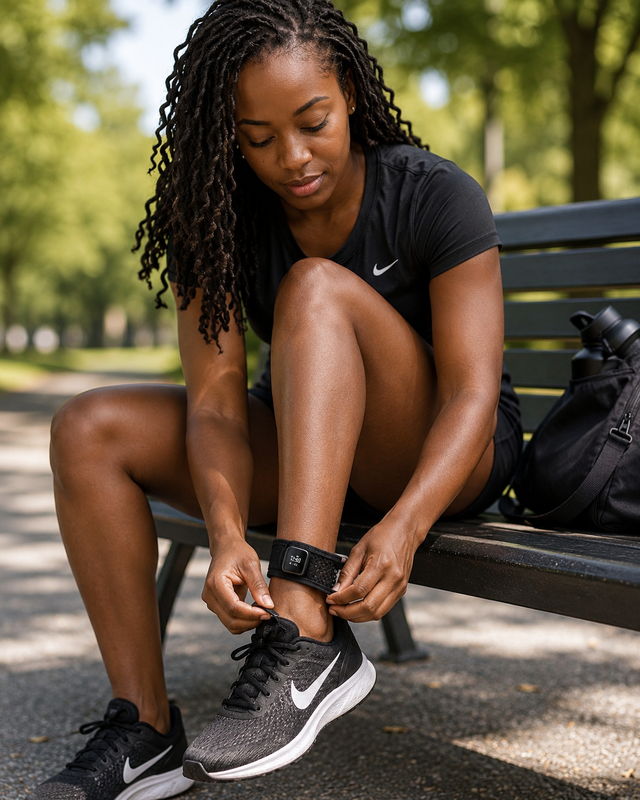 Black Fitbit ankle strap with mesh pouch