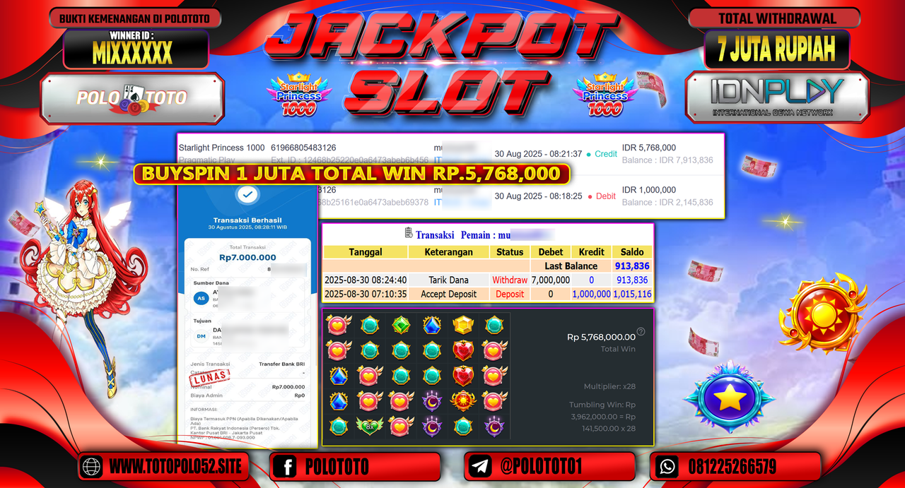 POLOTOTO JACKPOT SLOT STARLIGHT PRINCESS 1000 Rp.7.000.000,-