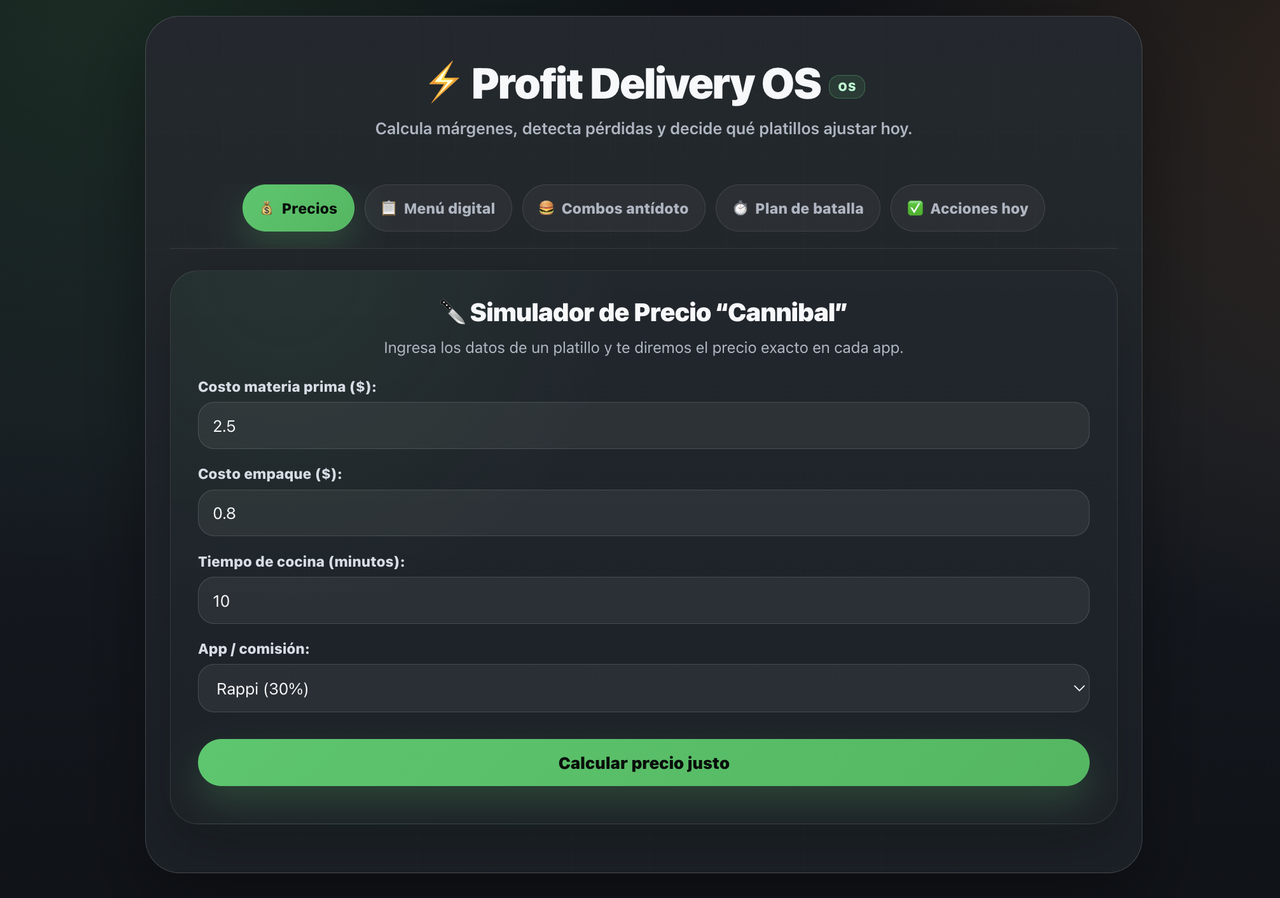 Pantalla real del simulador de precios Cannibal de Profit Delivery OS