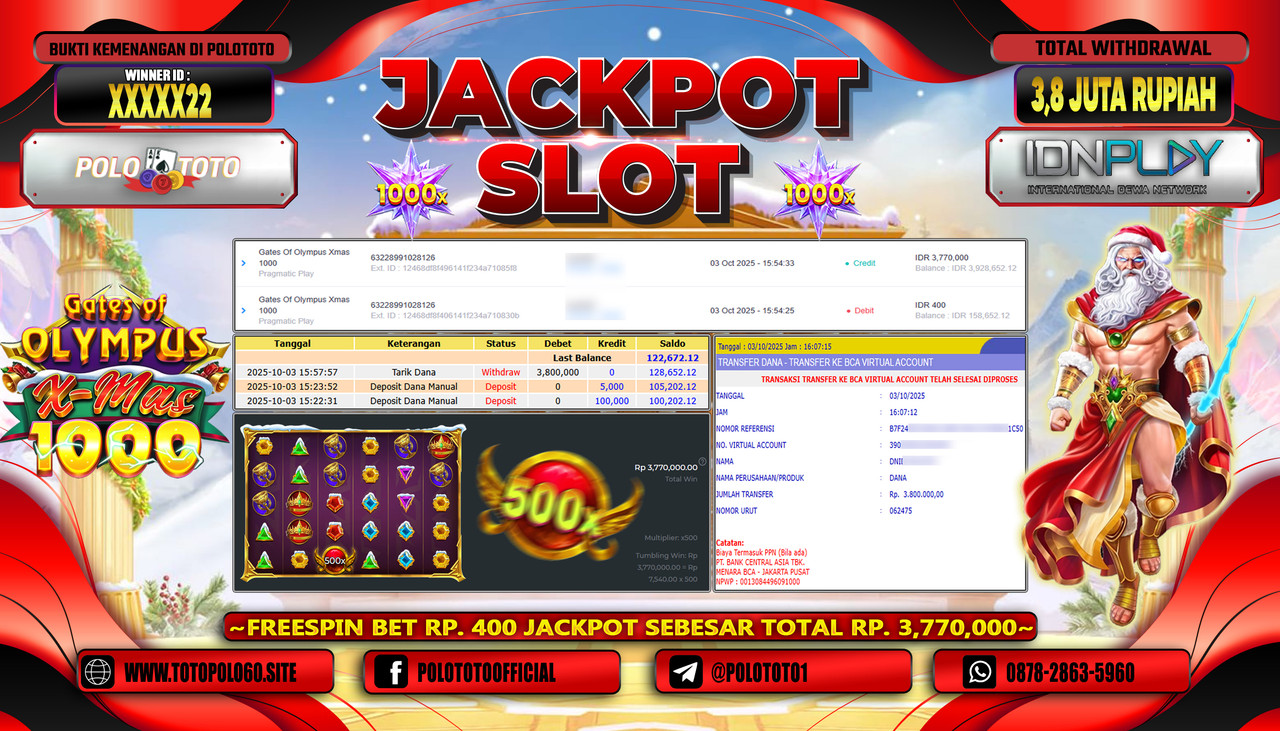 POLOTOTO JACKPOT SLOT GATES OF OLYMPUS XMAS 1000 Rp.3.800.000,- LUNAS