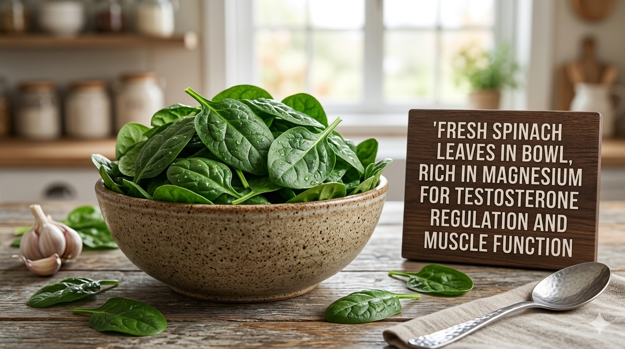 Fresh spinach leaves in wooden bowl, rich in magnesium for testosterone regulation muscle function and hormone health