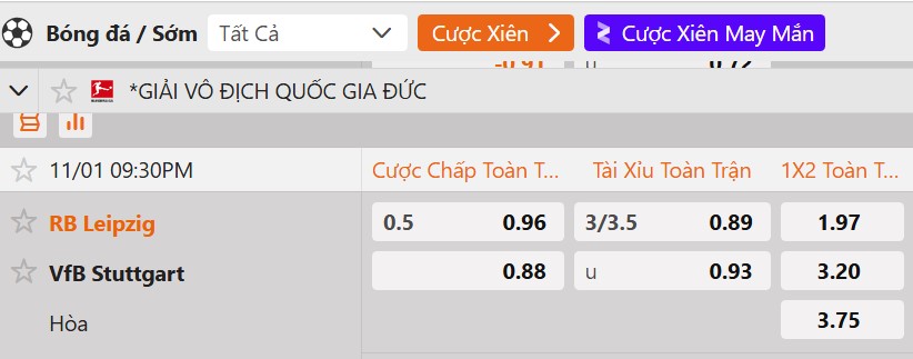 Tỷ lệ kèo RB Leipzig vs Stuttgart