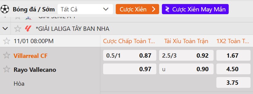 Tỷ lệ kèo Villarreal vs Rayo Vallecano