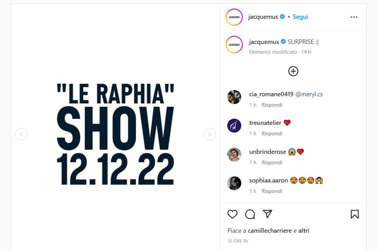 Jacquemus sfila il 12 dicembre a Parigi con lo show Le Raphia