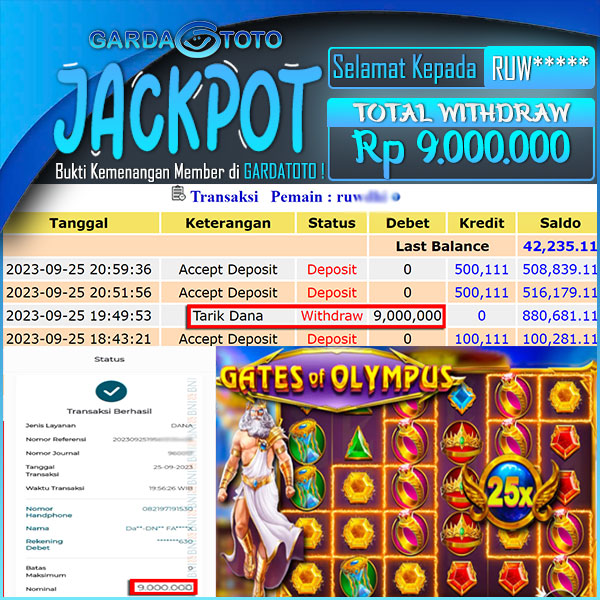 JACKPOT SLOT MAIN DI SLOT GATES OF OLYMPUS WD Rp 9.000.000,- DIBAYAR LUNAS