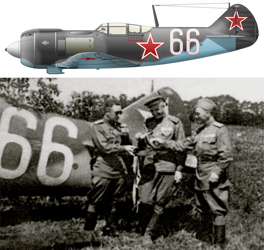 Lavochkin-La-5FN-40GvIAP-White-66-with-Alexander-Efimovich-Shvaryov-left-Ukrainian-Front-1944-0A