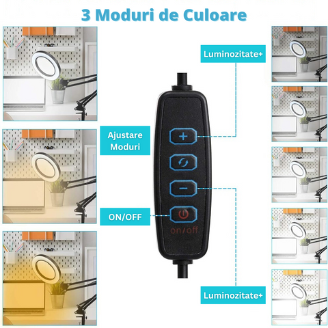 Lupa de Masa LED, Marire 3x, 10 Niveluri de Intensitate, 3 Moduri de Iluminare, Brat Ajustabil, pentru Reparatii Electronice, Manichiura, Tatuaje, Mestesuguri si Lucrari Apropiate, Alimentare USB, Alb