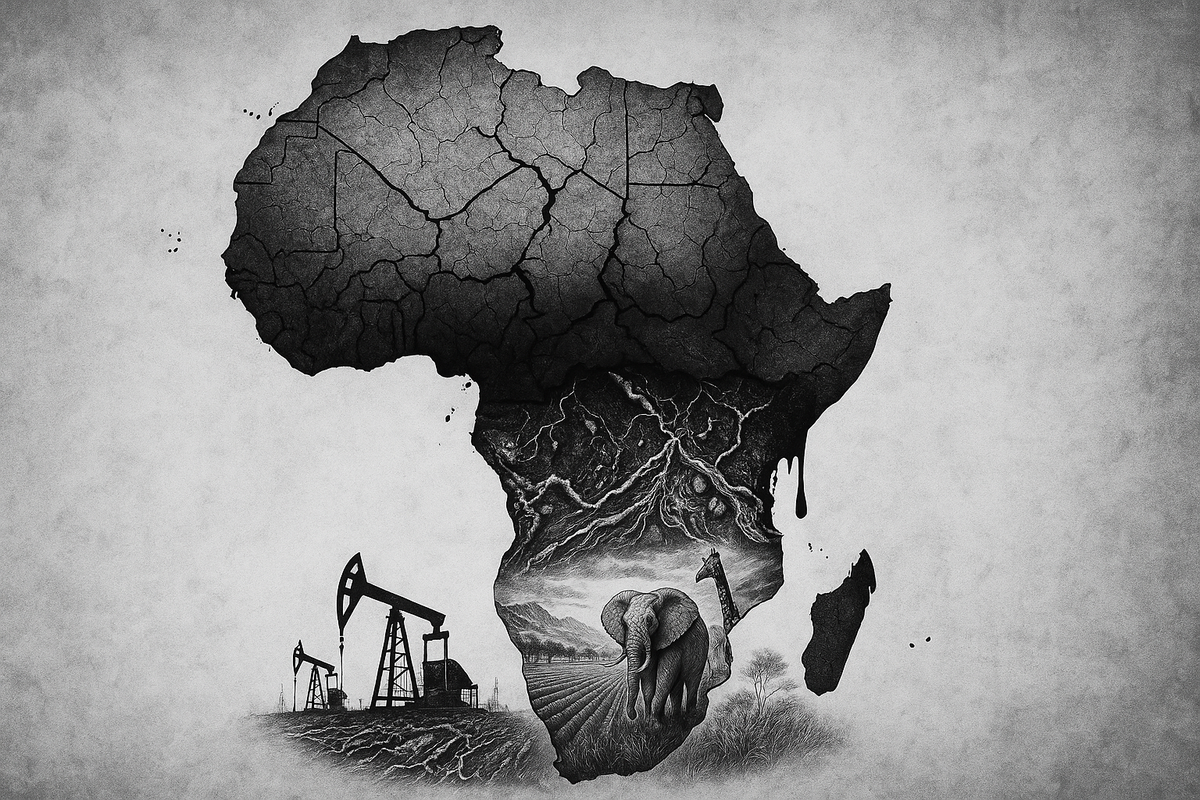 African landscape with figures silhouetted against dust and conflict