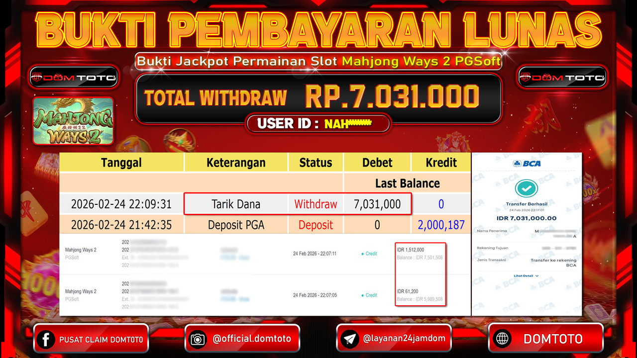 JACKPOT SLOT Mahjong Ways 2 PGSoft 24 FEBRUARI 2026